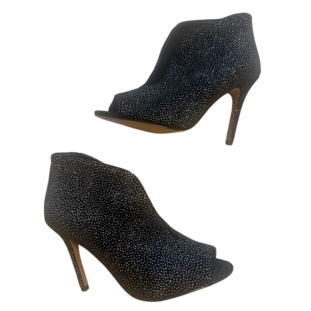 Nina New York Peep Toe Booties Womens 8M Black Good Rhinestone Stiletto Heel